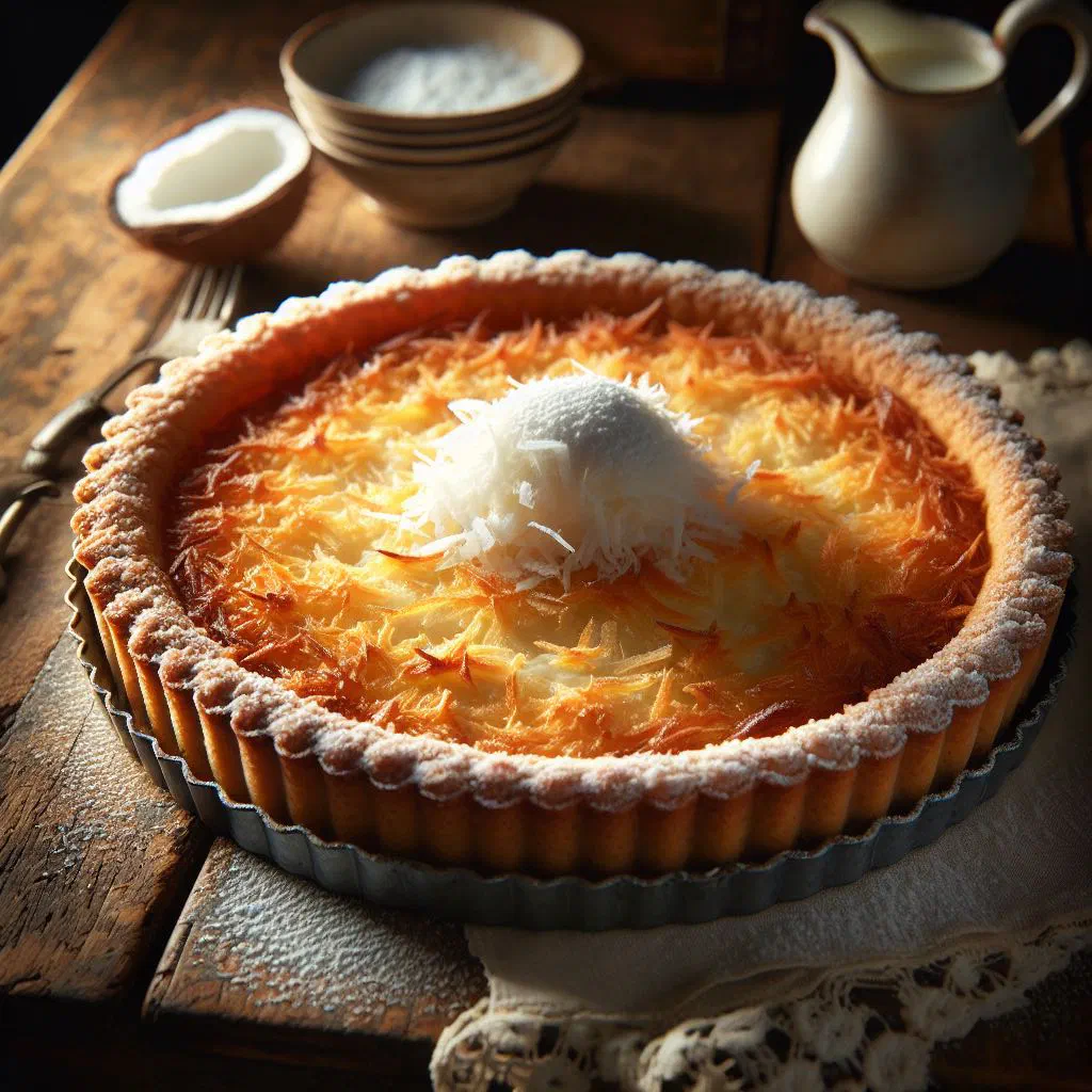 Golden baked coconut tart with a crisp pastry crust, cut into slices