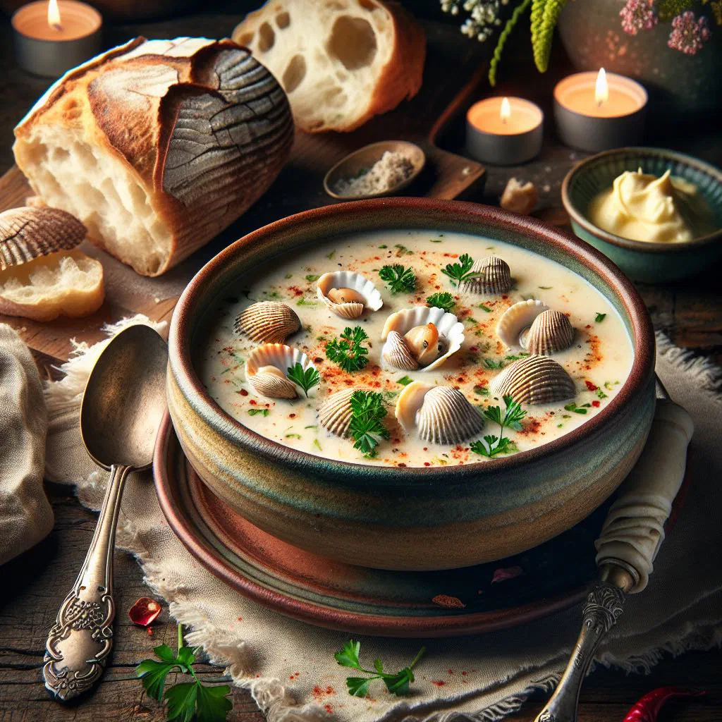 Creamy conch chowder in a deep bowl with peppers and fresh herbs