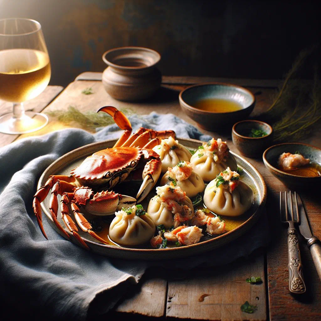 Steamed crab-filled dumplings served in a bowl with fresh herbs