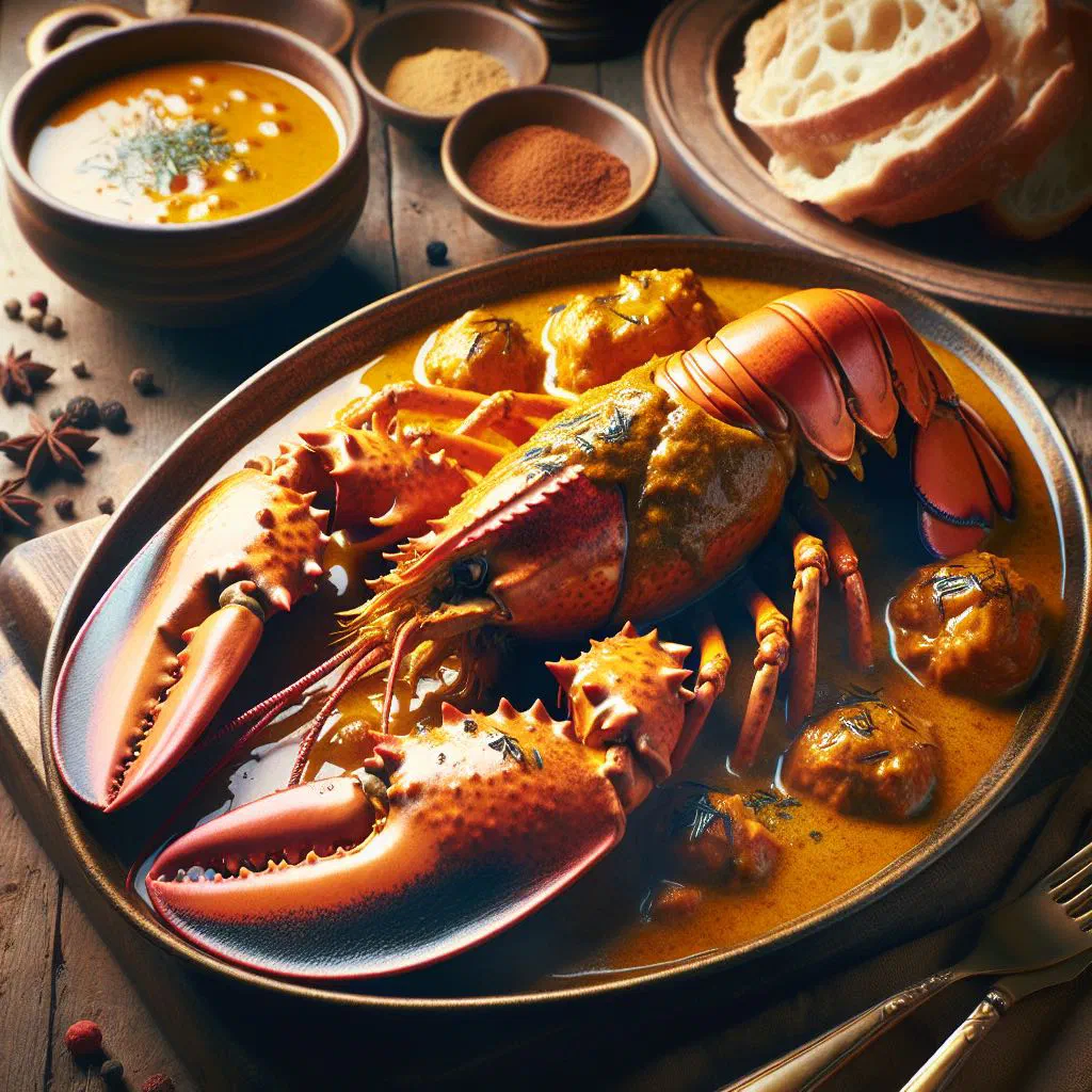 Curry lobster in a golden coconut sauce garnished with fresh coriander
