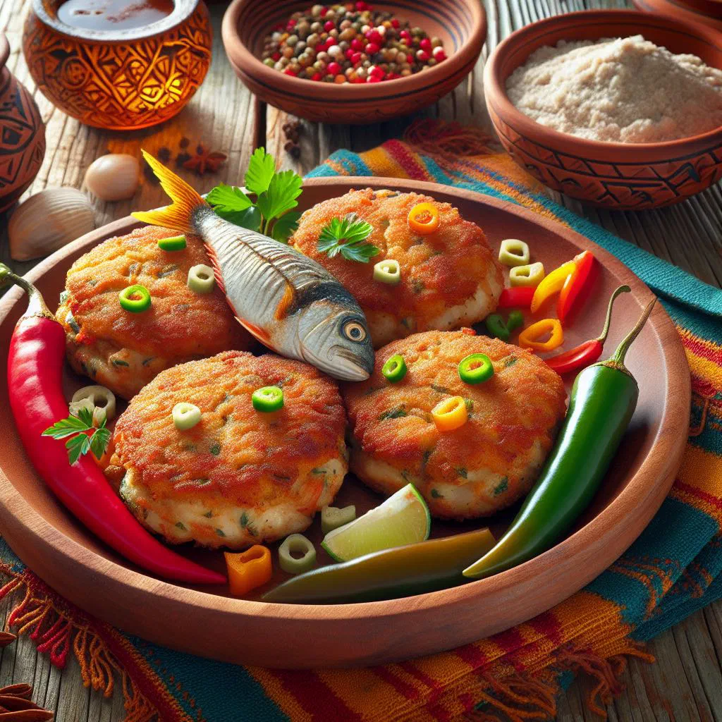 Golden fried Caribbean fish cakes on a plate with lime wedges