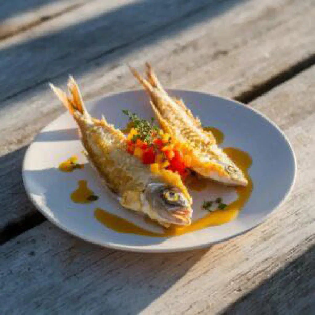 Golden fried flying fish fillets with lime wedges and fresh herbs