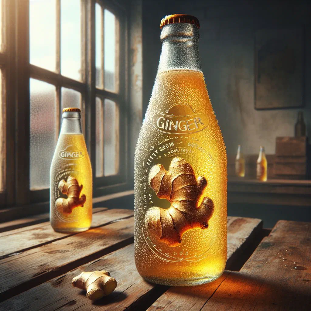 Glass of homemade ginger beer with ice cubes and a slice of lemon
