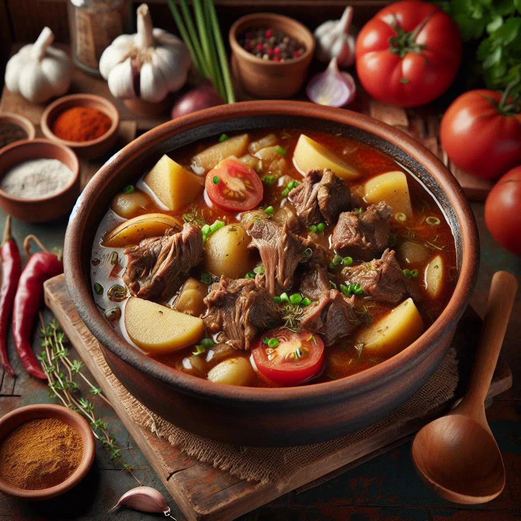 Bowl of Caribbean goat water stew with tender meat, carrots and fresh herbs