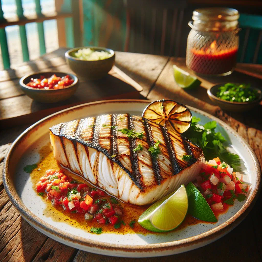 Grilled mahi-mahi fillets with lemon wedges and fresh herbs
