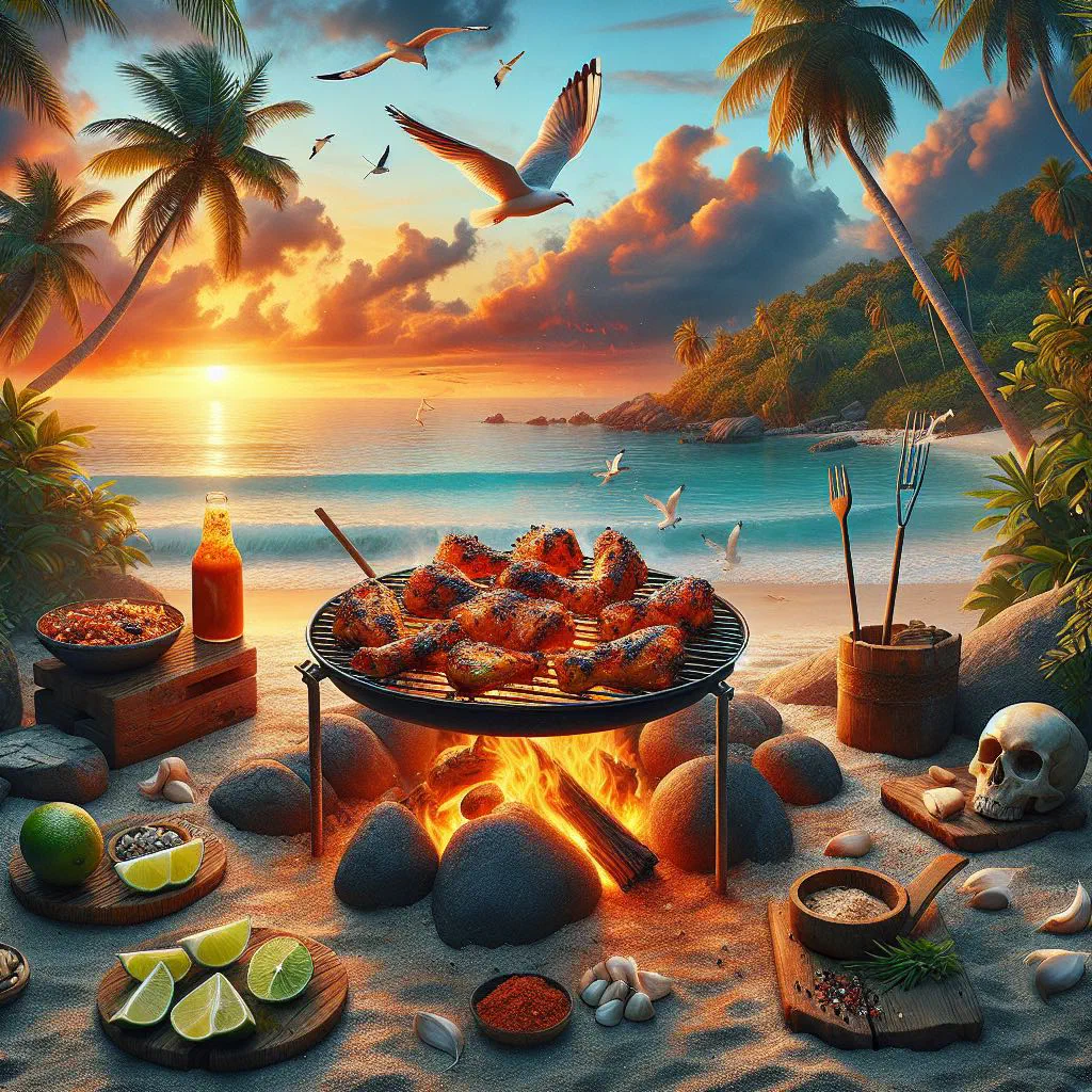 Grilled island spiced chicken with lime wedges and fresh herbs