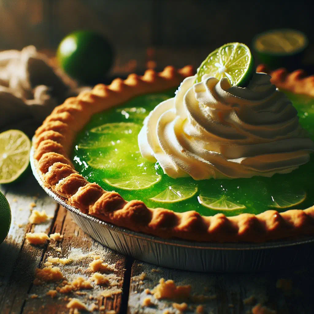 Slice of lime pie with a biscuit base and whipped cream topping