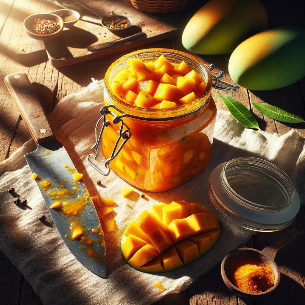 Bowl of golden mango chutney with chilli and coriander garnish