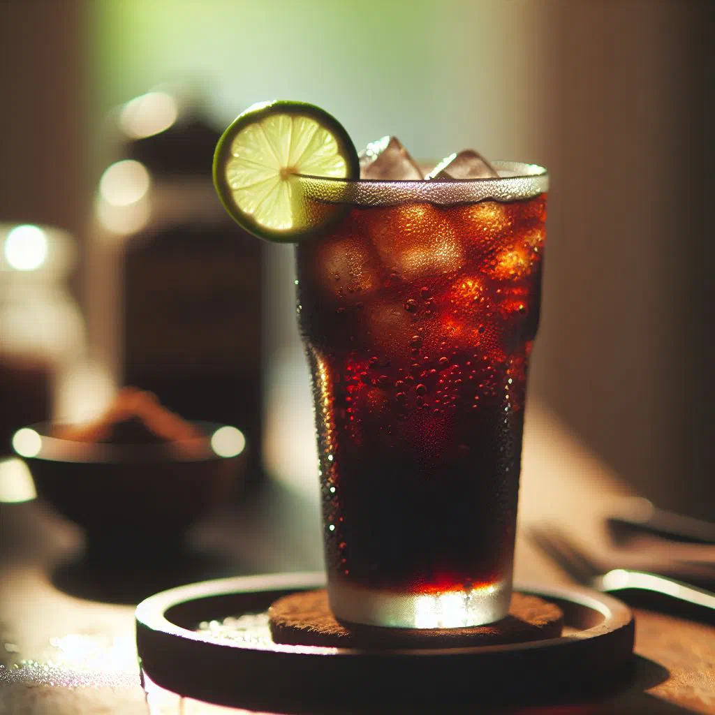 Tall glass of chilled mauby drink with ice and a slice of lemon