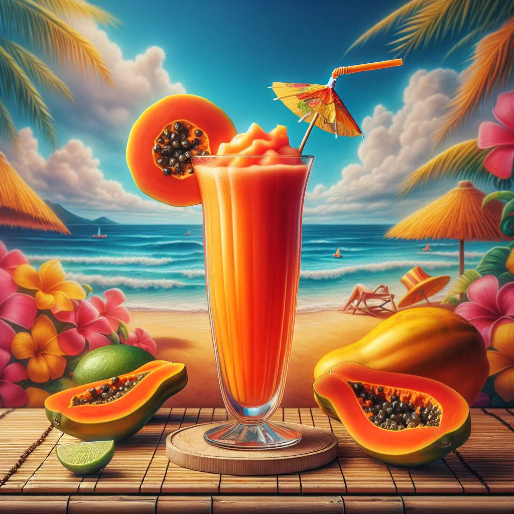 Chilled papaya punch in a tall glass garnished with mint and lime