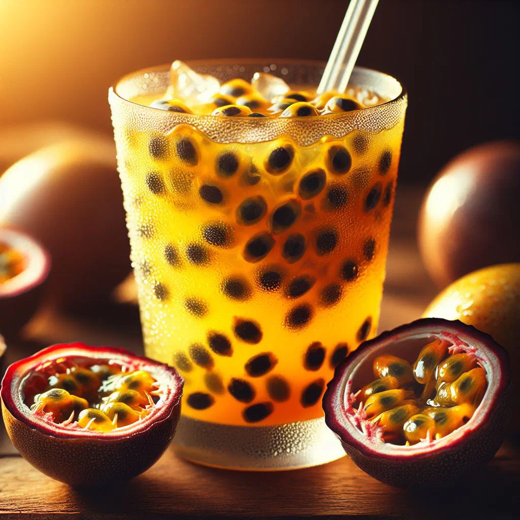 Chilled passion fruit drink in a tall glass with lime and mint