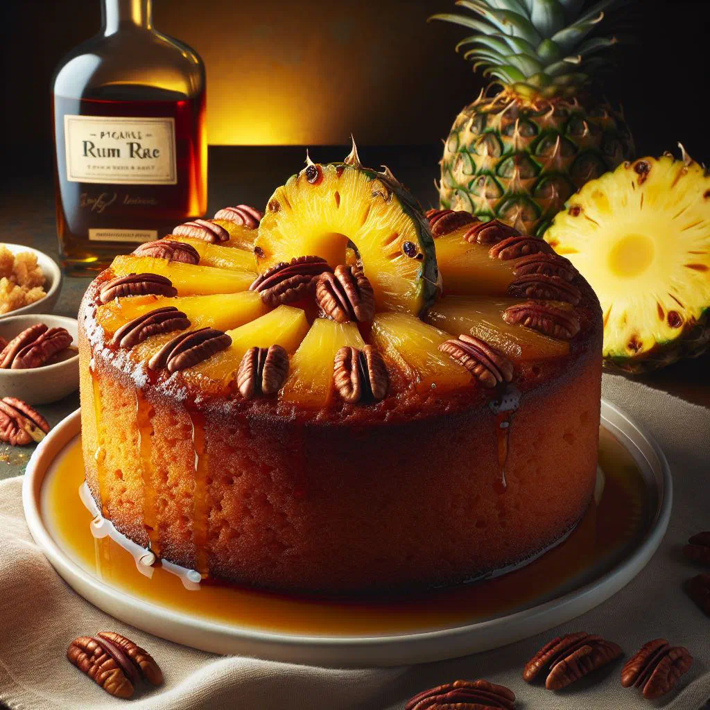 Golden pineapple rum cake topped with fresh pineapple pieces
