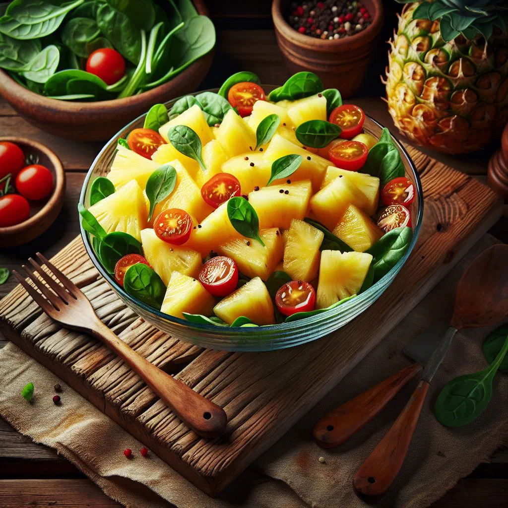 Fresh pineapple salad with lime dressing and mint leaves in a bowl