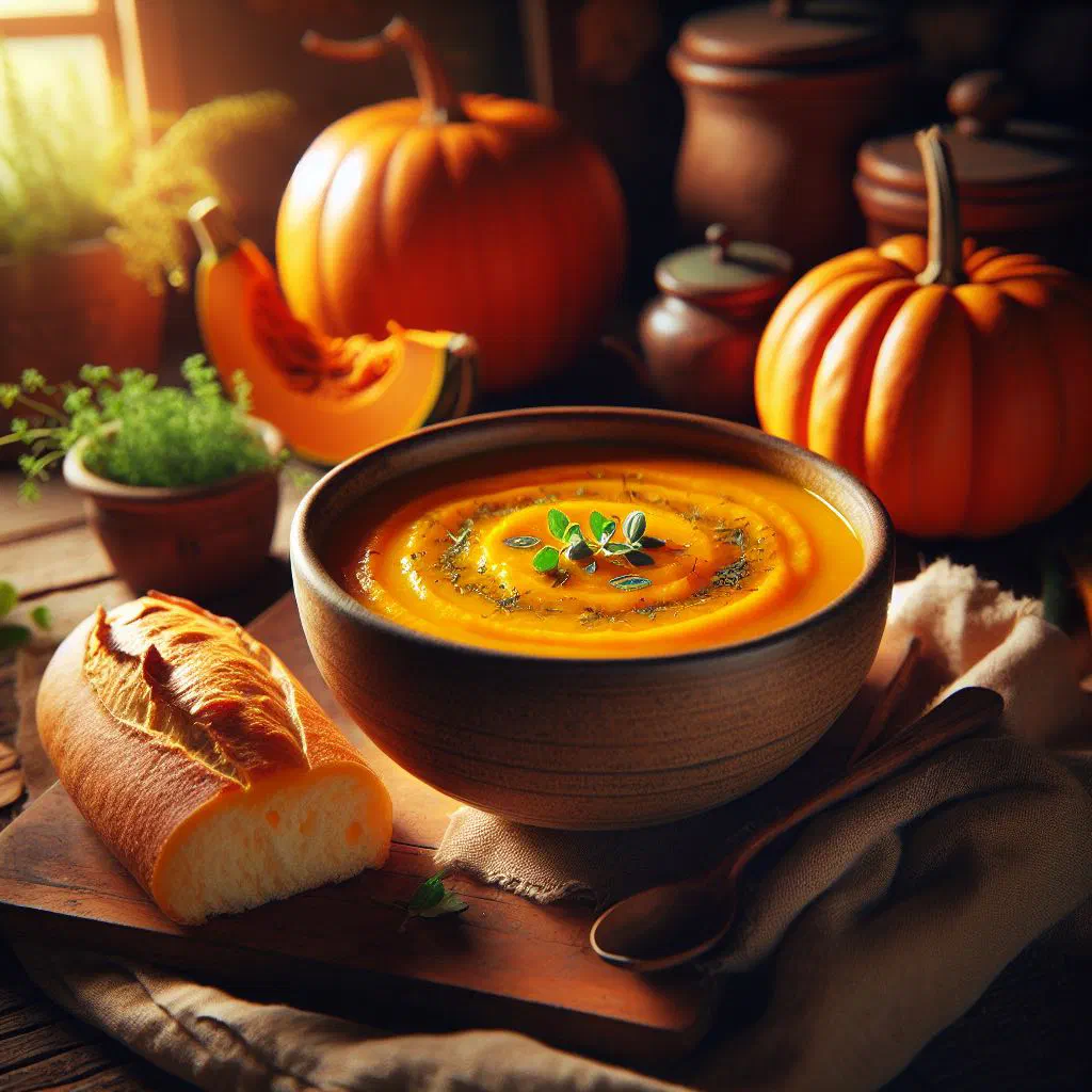 Creamy Caribbean pumpkin soup in a deep bowl with fresh herbs and toasted seeds