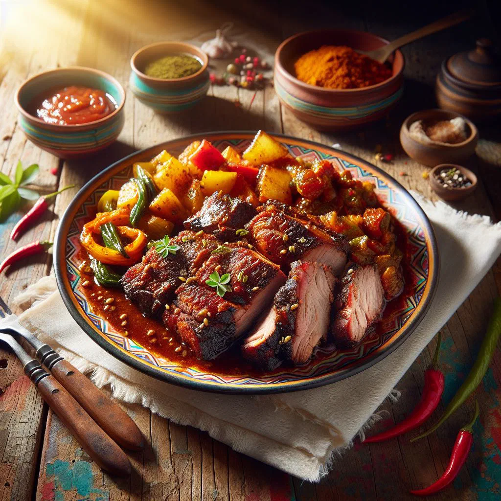 Sliced grilled jerk pork with lime wedges and fresh thyme