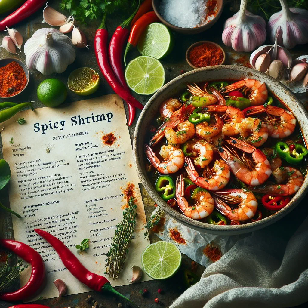 Spicy shrimp with peppers, lime wedges and fresh coriander