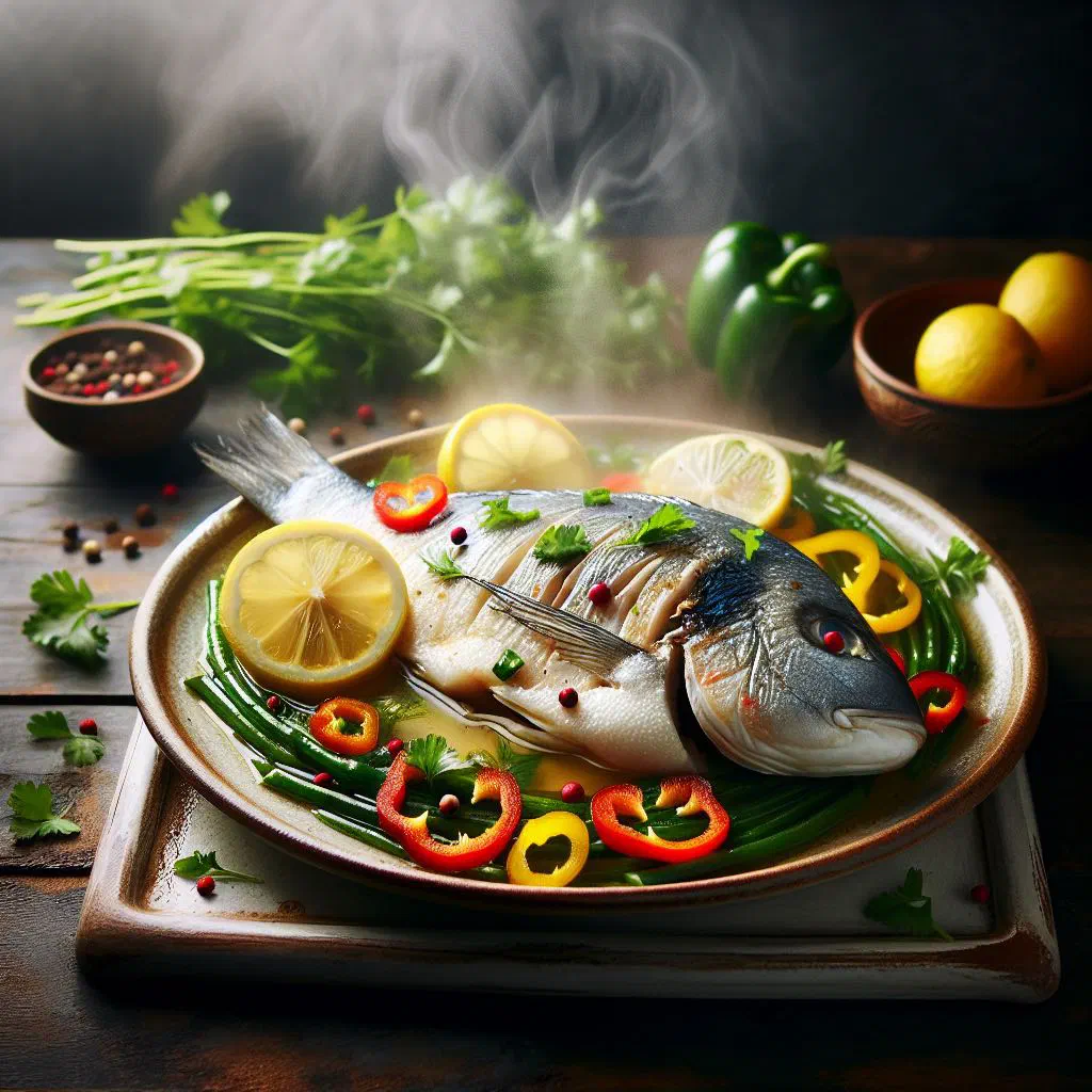 Steamed whole fish with peppers, onion rings and fresh herbs on a platter