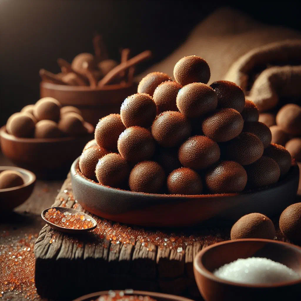 Small round tamarind balls rolled in sugar on a plate
