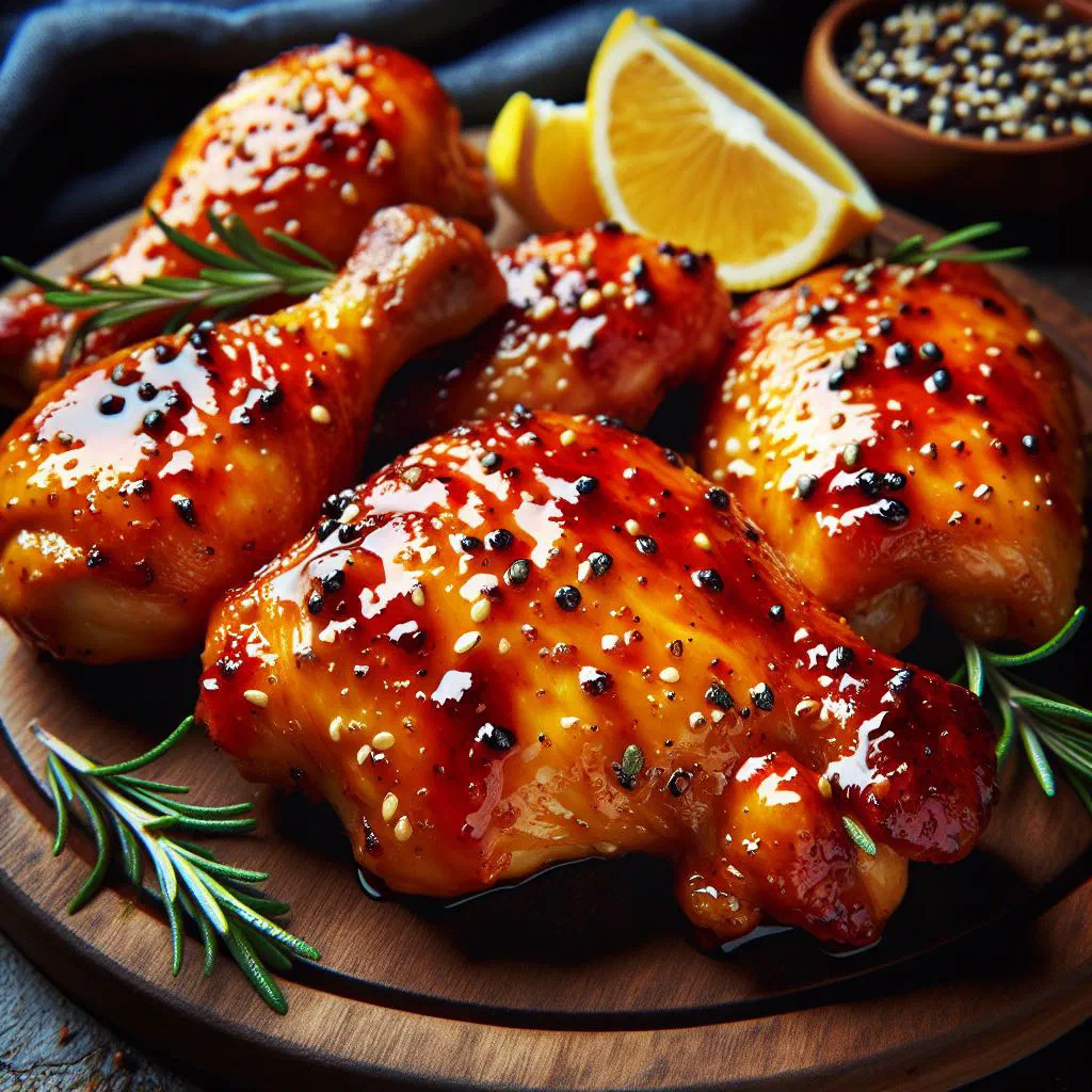 Tamarind glazed chicken breasts in a glossy sauce with fresh coriander