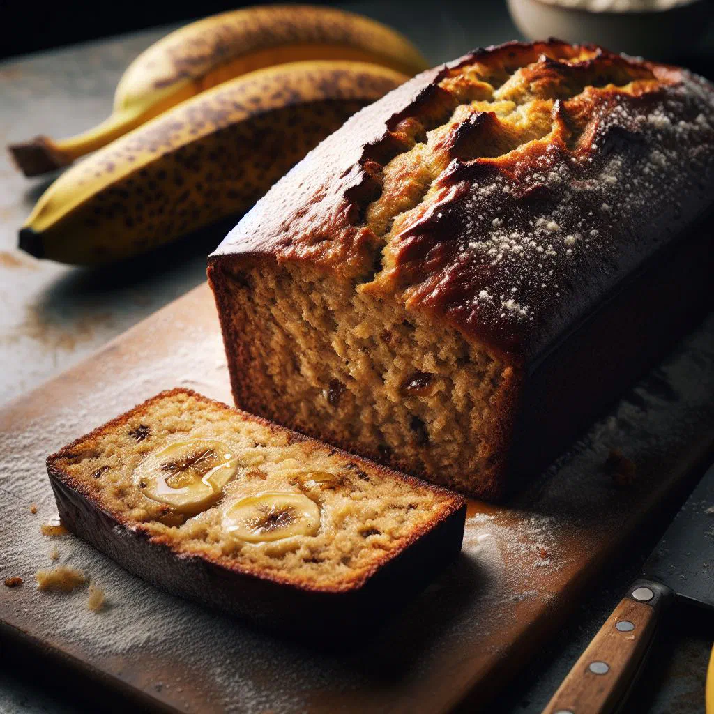 Sliced banana bread loaf on a wooden board with ripe bananas