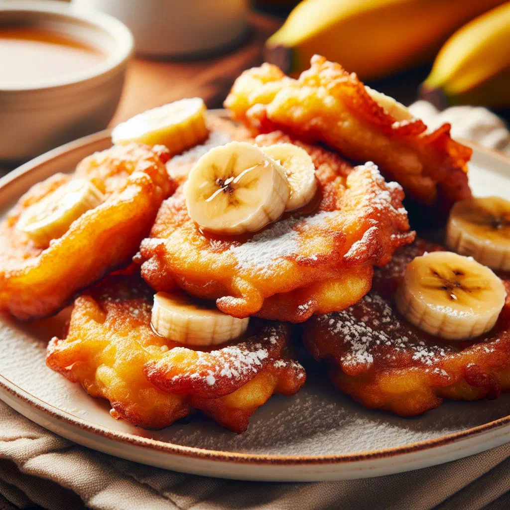 Golden banana fritters dusted with sugar on a plate