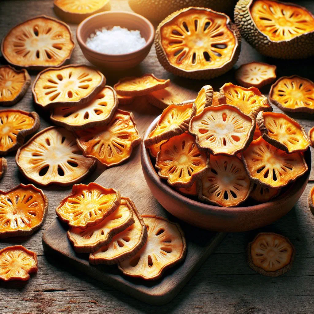 Crisp golden breadfruit chips piled in a bowl with sea salt