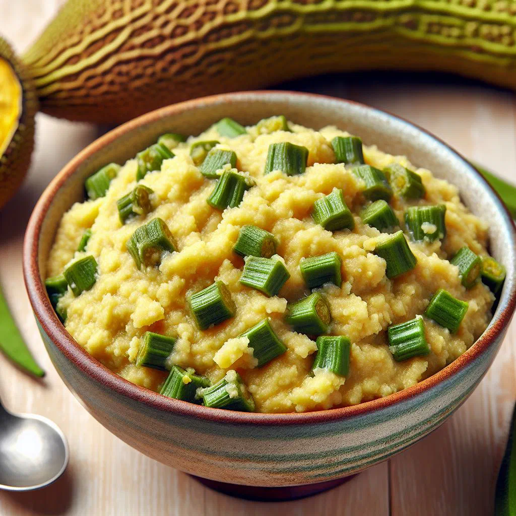Bowl of creamy breadfruit cou-cou garnished with fresh herbs
