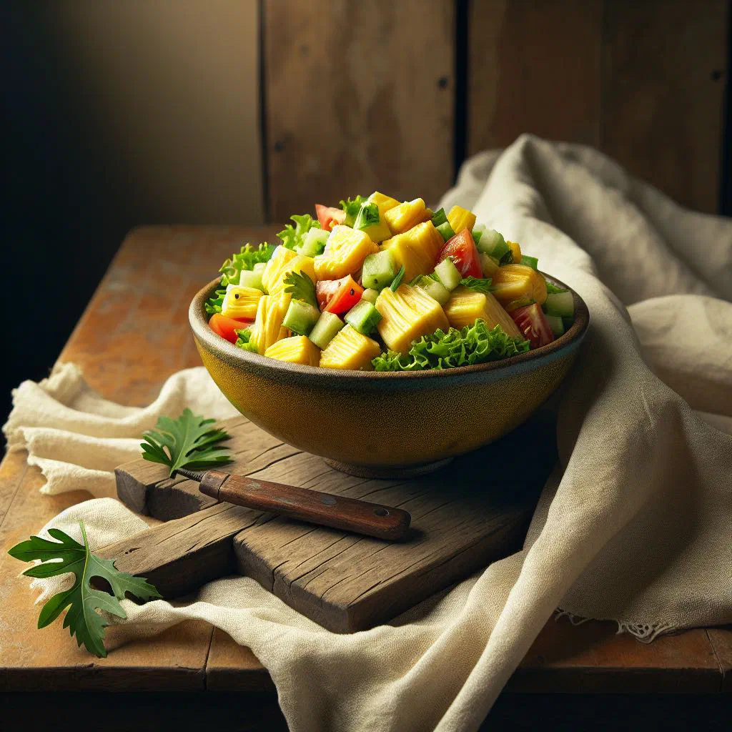 Colourful breadfruit salad with peppers, tomatoes and fresh herbs in a bowl