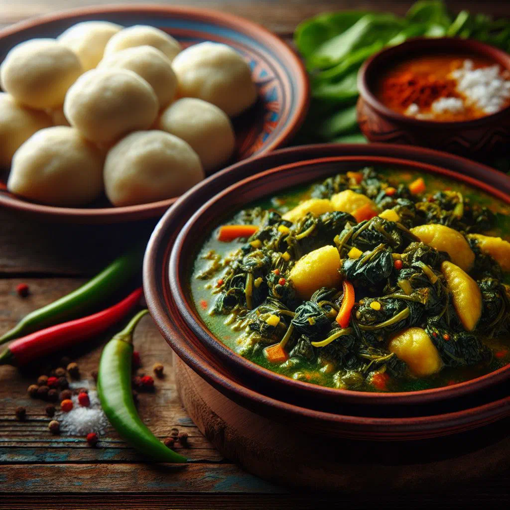 Creamy callaloo stew with soft boiled dumplings in a bowl
