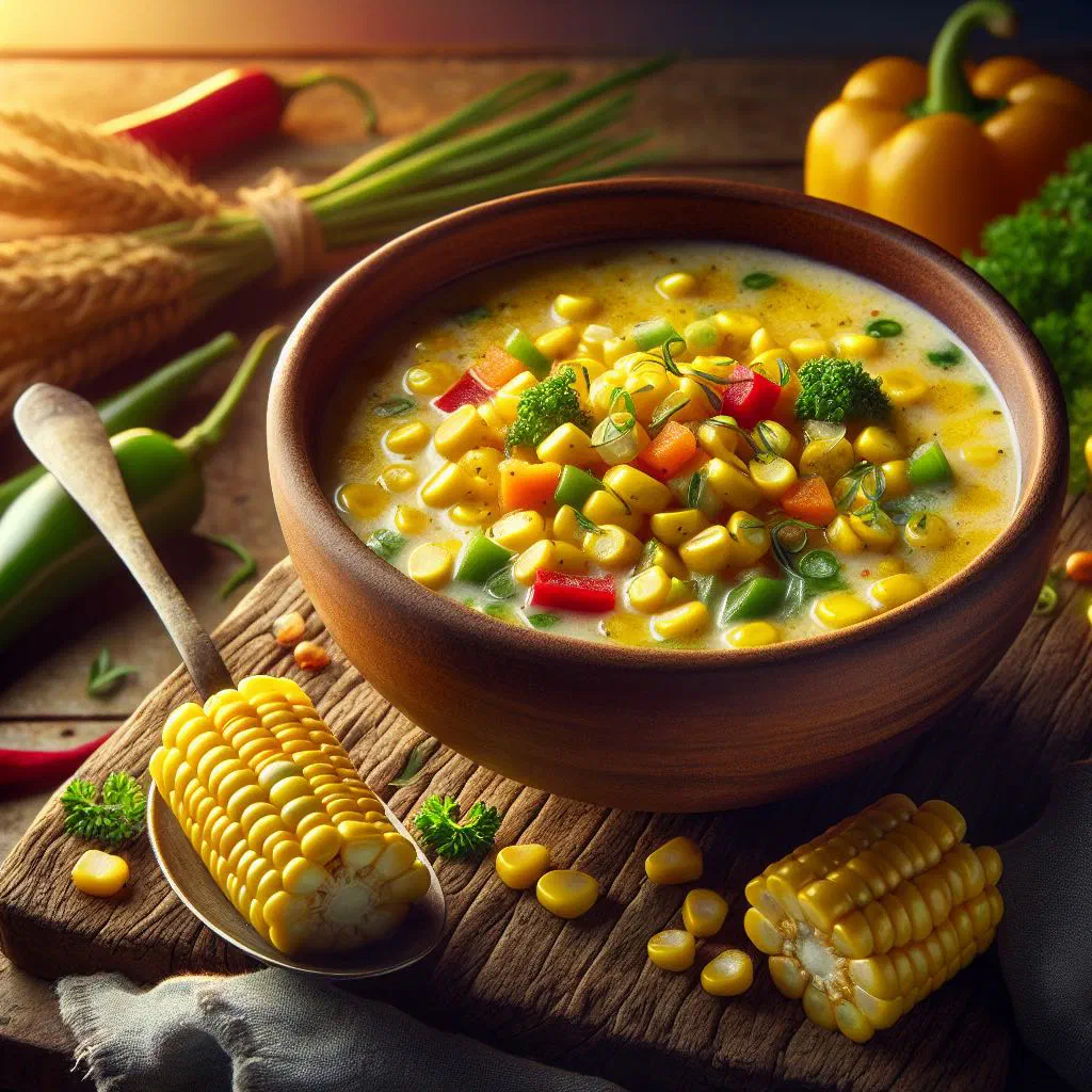 A creamy Caribbean corn soup in a bowl, garnished with fresh herbs and lime
