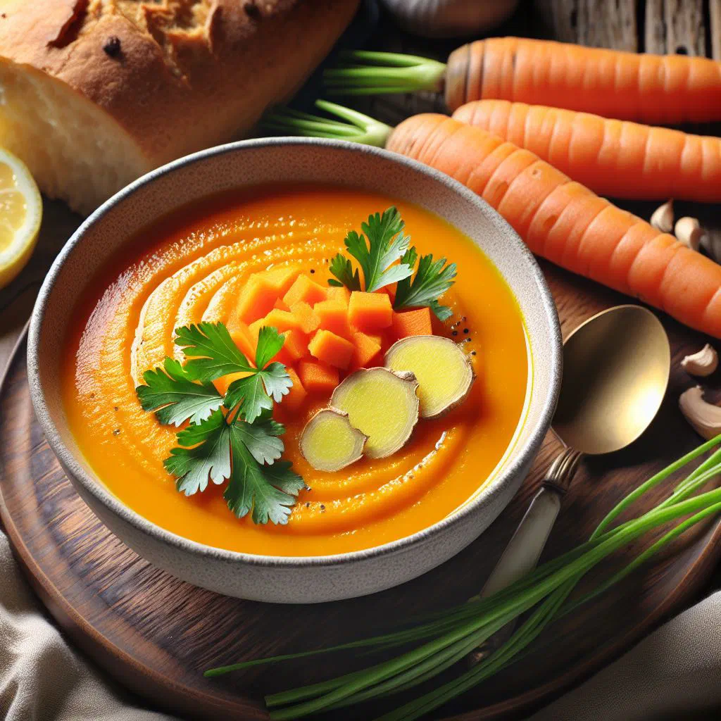 Bowl of creamy carrot and ginger soup garnished with fresh herbs
