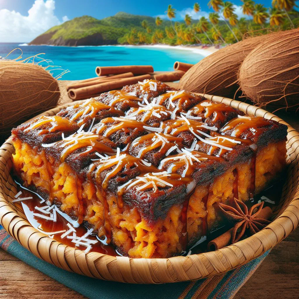 Golden baked cassava pone cut into squares on a wooden board