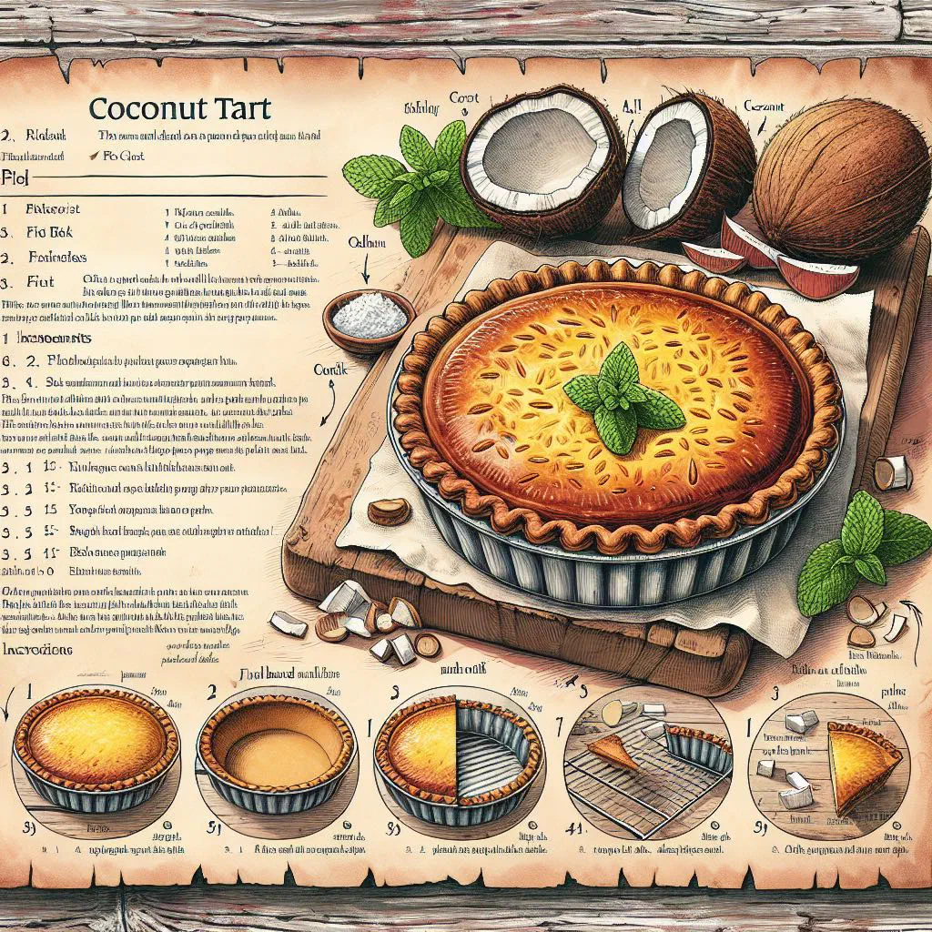 Golden coconut tart dusted with icing sugar on a plate