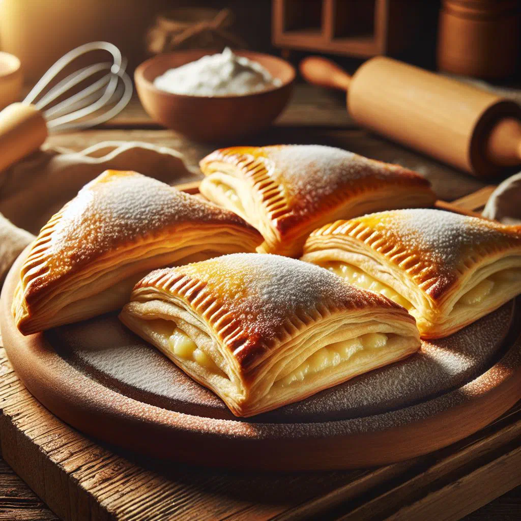 Golden baked coconut turnovers on a serving plate