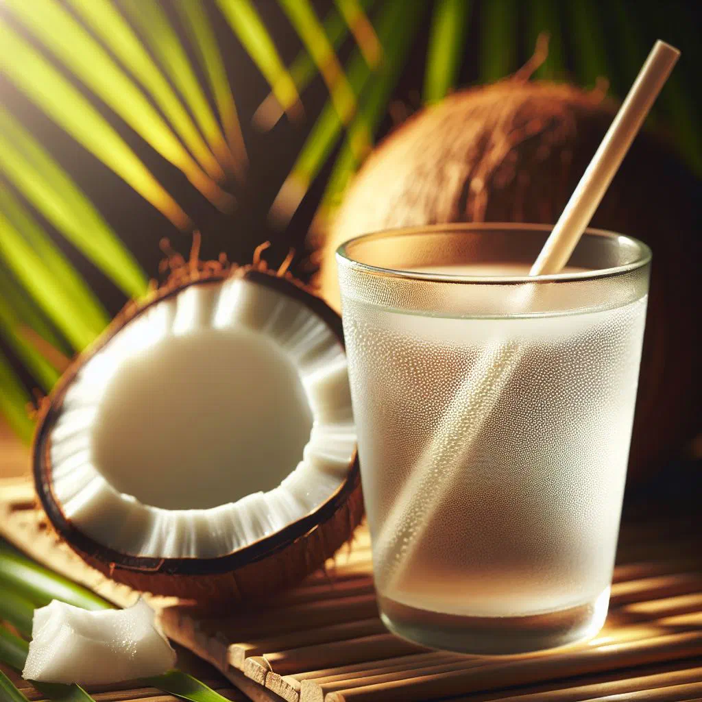 Fresh coconut water served in a green coconut with a straw and a lime wedge