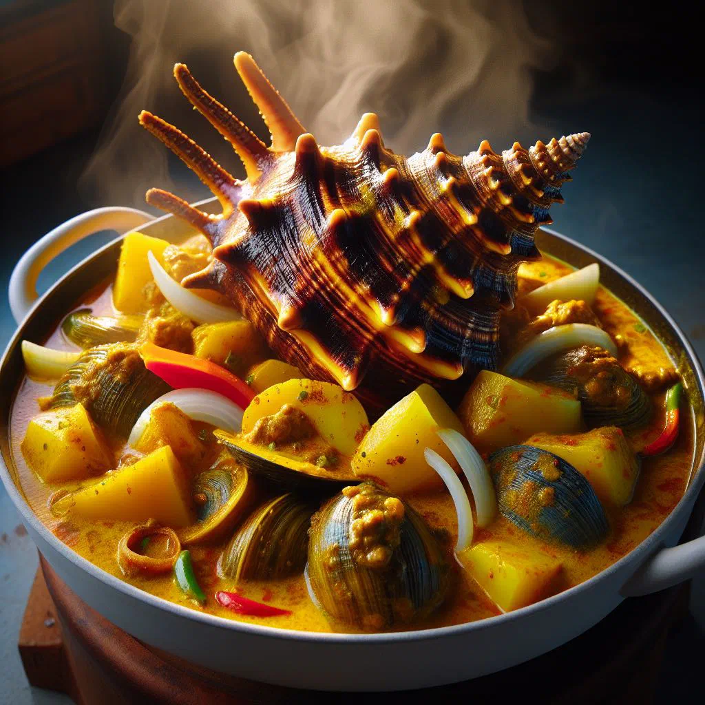 Curry conch simmered in coconut curry sauce with fresh coriander