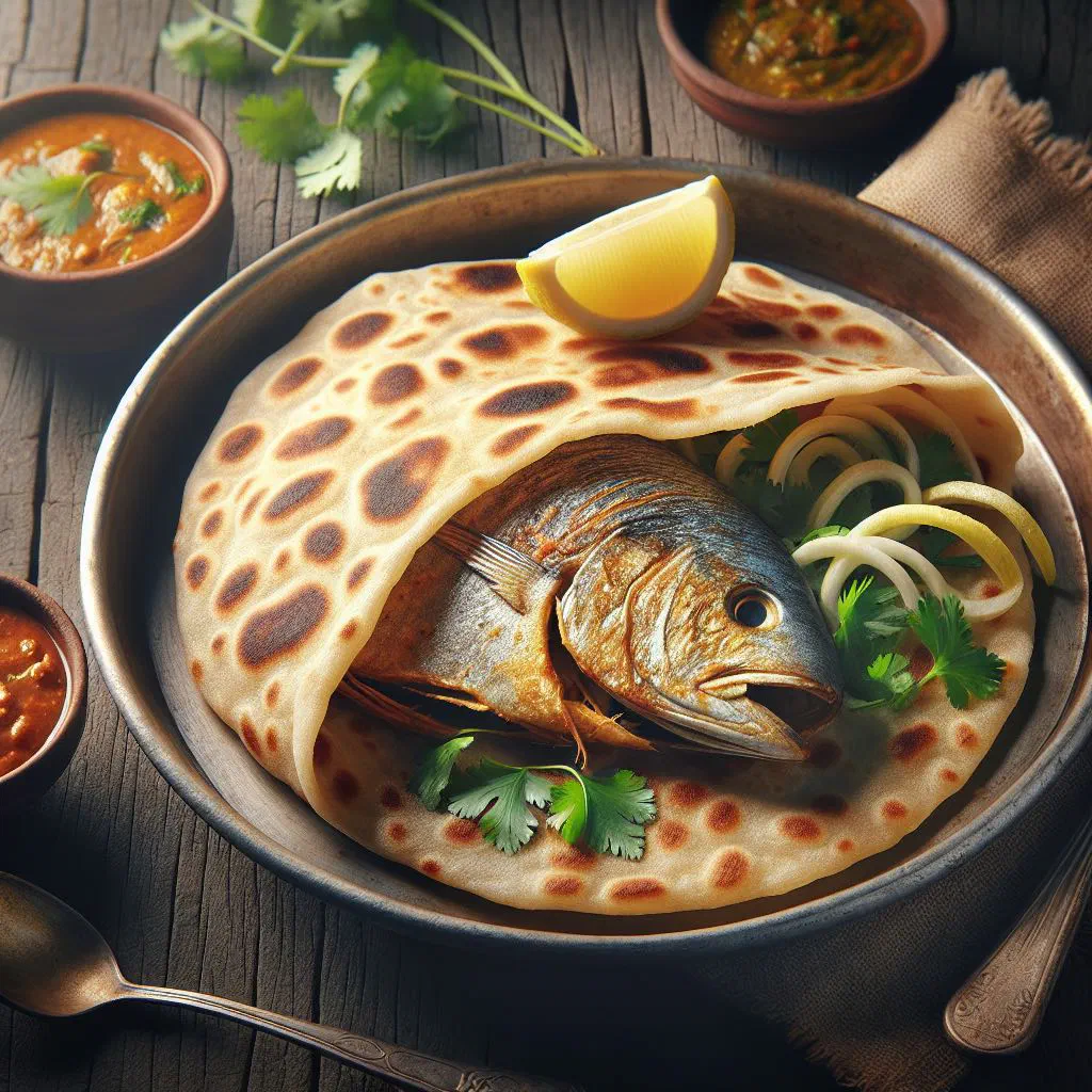Golden fish roti flatbread filled with spiced fish, served with lime
