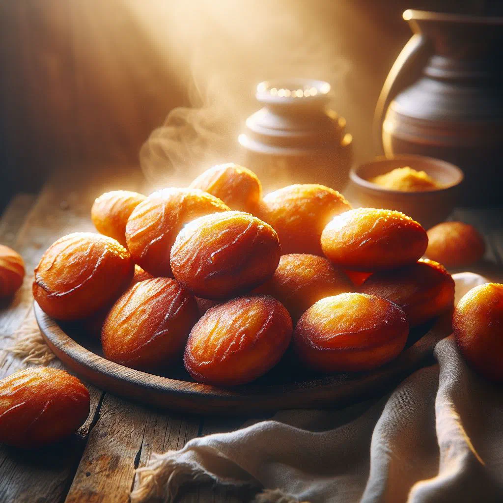 Golden fried bakes piled on a plate, freshly drained and still warm