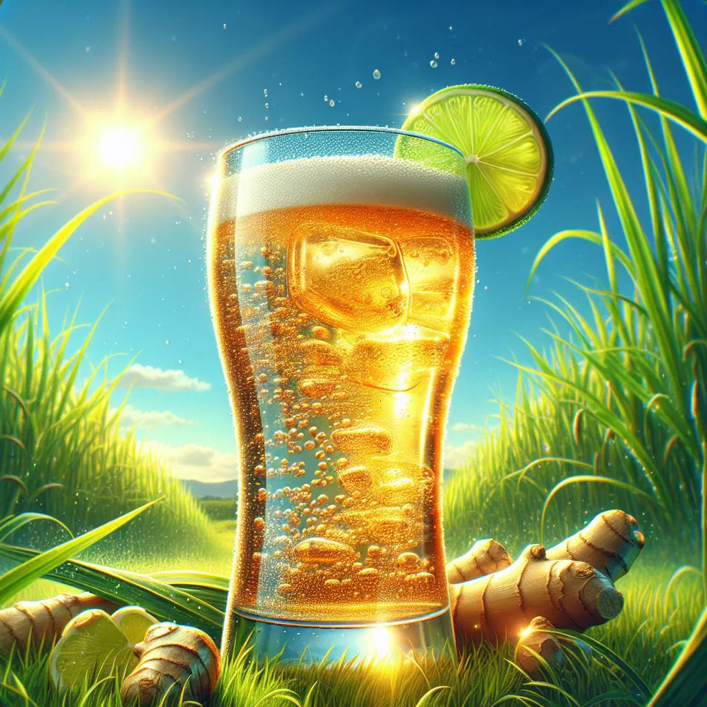 Chilled homemade ginger beer in a glass with ice and fresh ginger