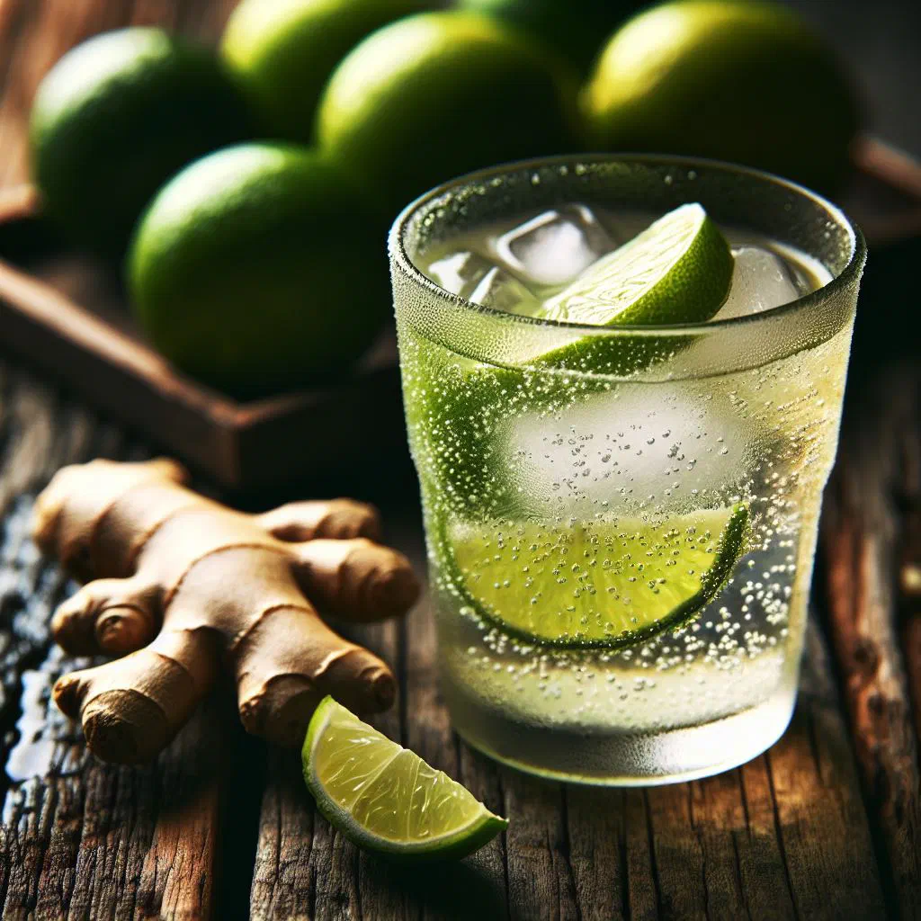 Chilled ginger limeade in a tall glass with lime slices and mint