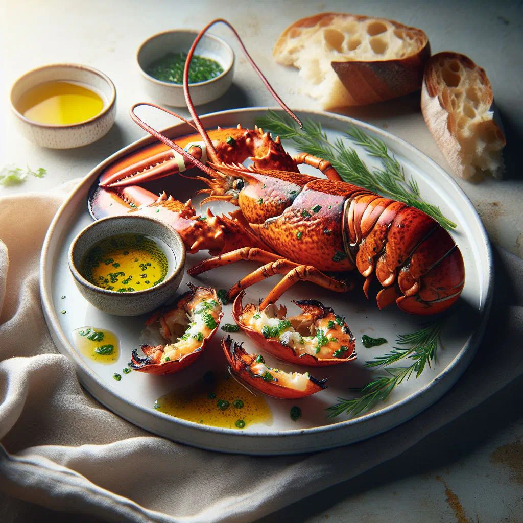 Grilled lobster halves with garlic butter, fresh herbs and lemon wedges