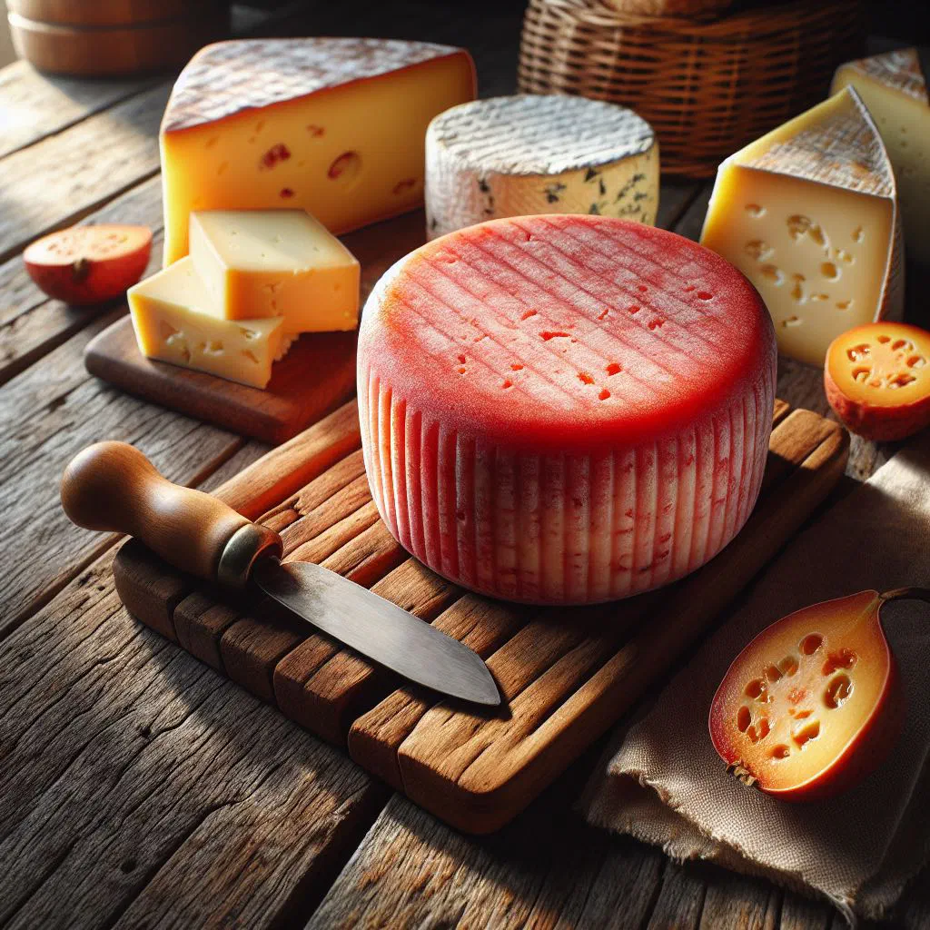 Squares of dark pink guava cheese arranged on a plate