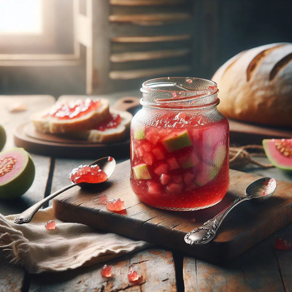 Jar of homemade guava jam with fresh guavas and buttered bread