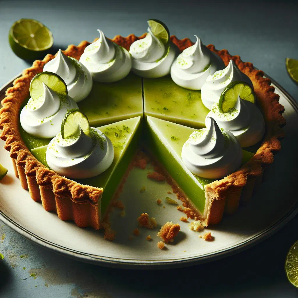 Slice of lime pie with a biscuit crust and fresh lime garnish