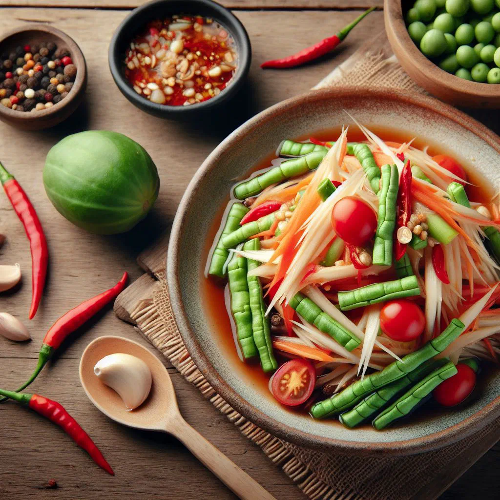 Papaya salad with lime dressing, carrot and red pepper, garnished with fresh mint
