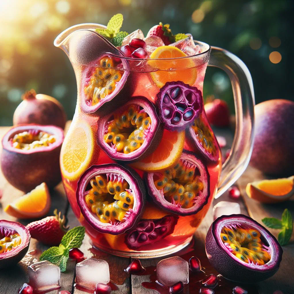 Tall glass of passion fruit punch with ice, lime and fresh mint
