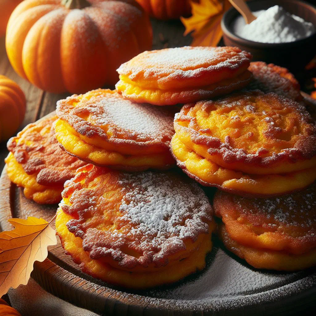 Golden-brown pumpkin fritters piled on a wooden board with fresh herbs
