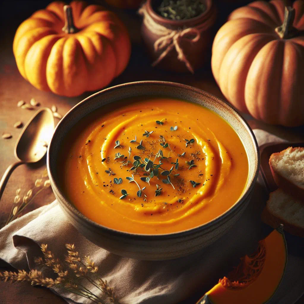 Creamy Caribbean pumpkin soup garnished with fresh herbs