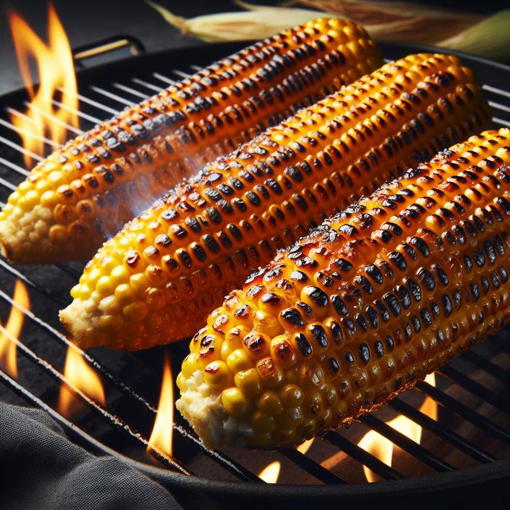 Charred corn on the cob roasted over an open fire with lime wedges
