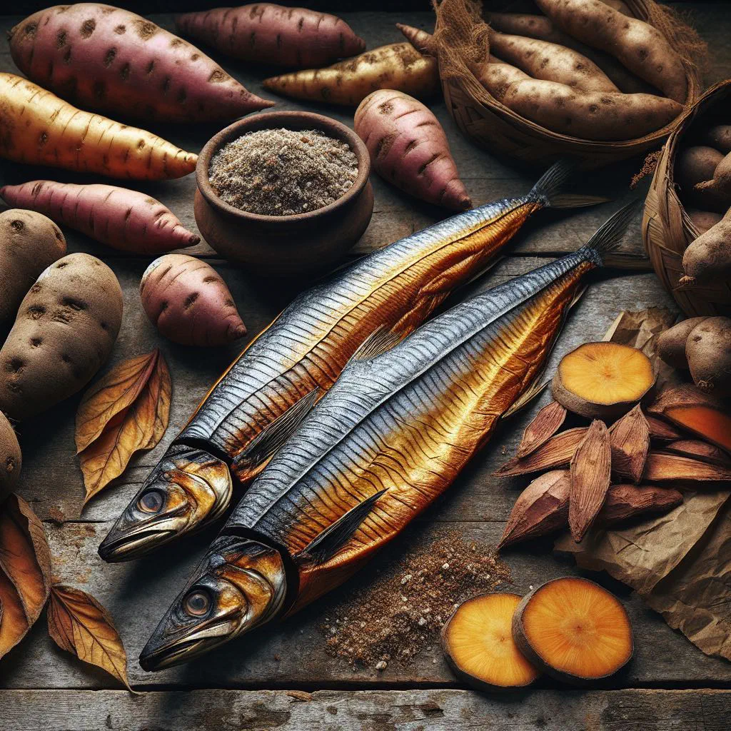 Smoked herring with boiled sweet potato and yam on a plate